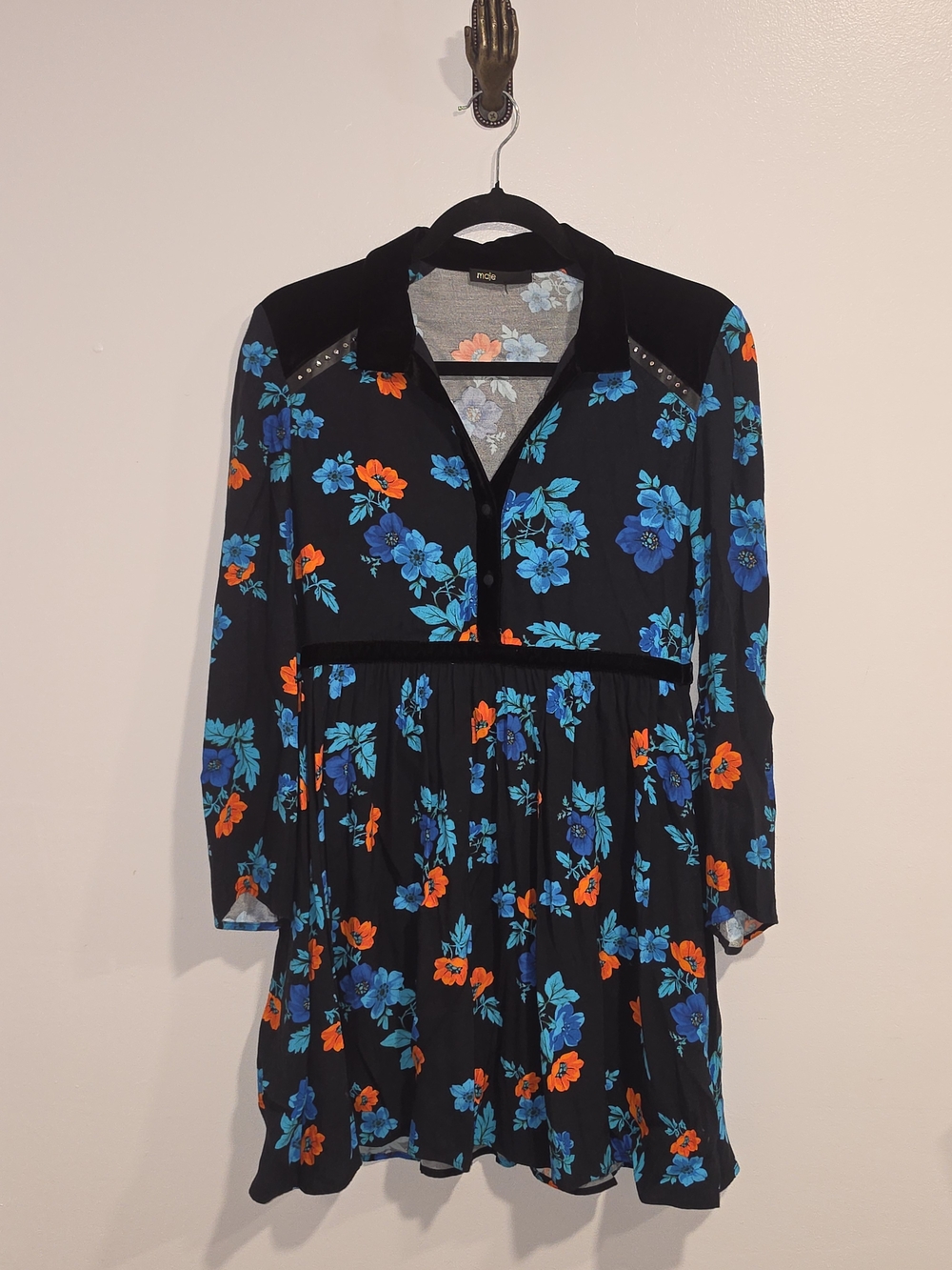 Maje Long Sleeve Black Floral Print Mini Dress Women's